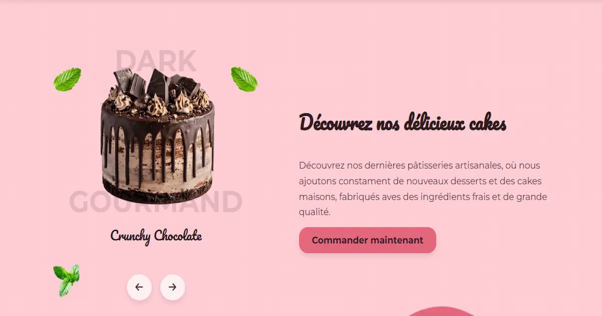 Landing page créative pour une pâtisserie fictive, utilisant un design visuel attrayant et des animations subtiles.